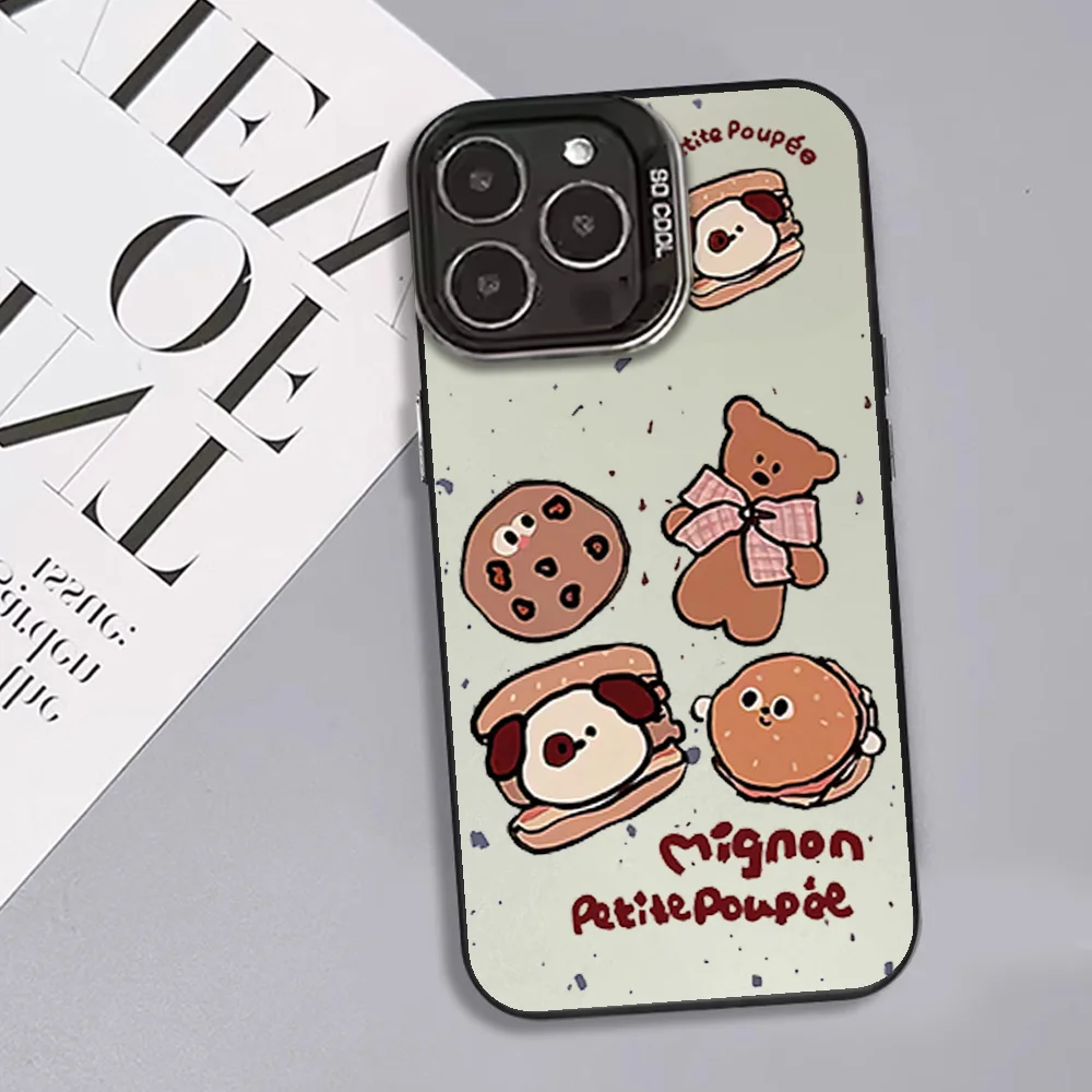 Niche Cartoon Fun Ink Splash Bear Bread Cookies Phone Case For IPhone 12 11 13 14 15 16 Max Pro Plus Laser Cover