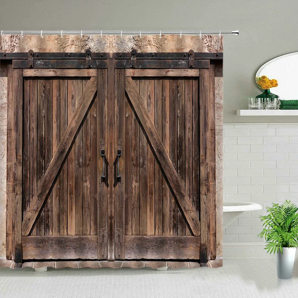 Retro Wood Doors Shower Curtain Set Rustic Old Vintage Barn door Fabric Bathroom Curtains Farmhouse Bath Decor Bath Screens Hook