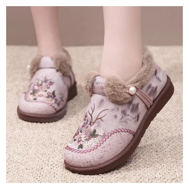 

Womens Winter new velvet thickened old Beijing cloth shoes Anti-skid Durable Lightweight Comfortable Warm embroidery cotton boot