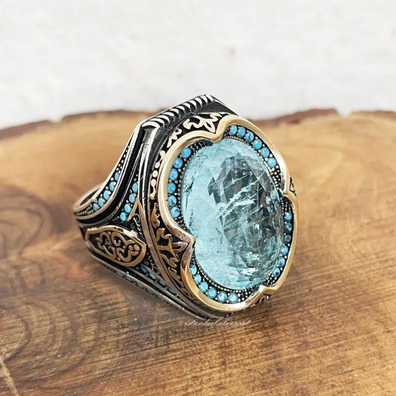 Vintage Metal Craftsman Engraved Signet Ring Inlaid Sea Blue Zircon Men\'s Business Punk Biker Ring