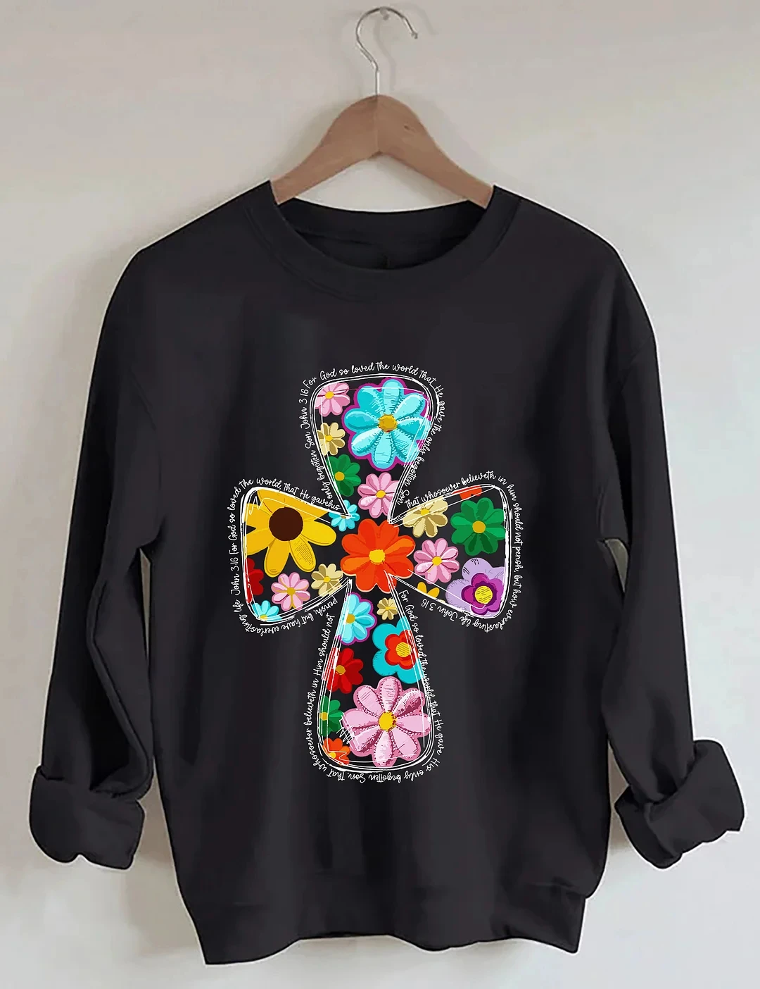 Rheaclots Christian Easter Spring Floral Printed Round Neck Long Sleeves Sweatshirt