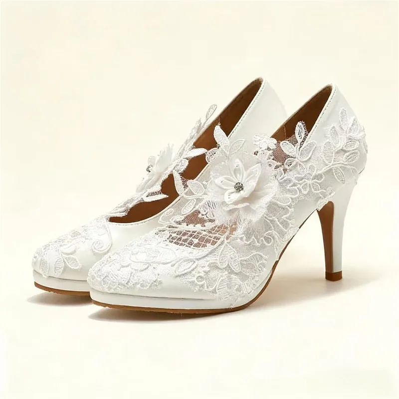 

Lace Applique Platform High Heels Women White Round Toe Designer Shoes Plus Size 43 Shallow Flower Elegant Wedding Dress Shoes