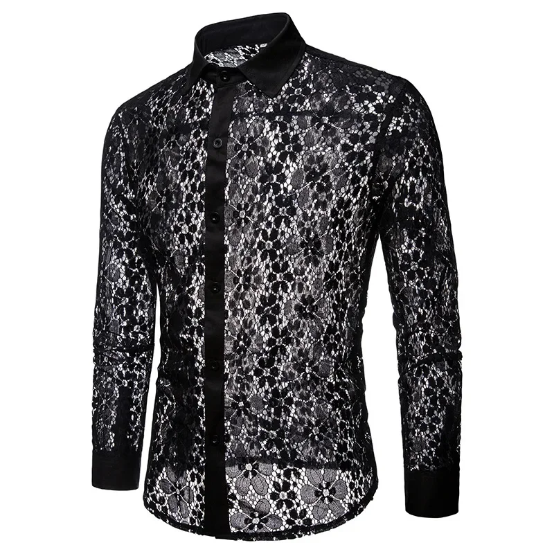 Shirts Sexy Lace Hollow Out Cardigan Turn Down Collar Men Single Breasted Shirt Long Sleeve High Street Button  Summer