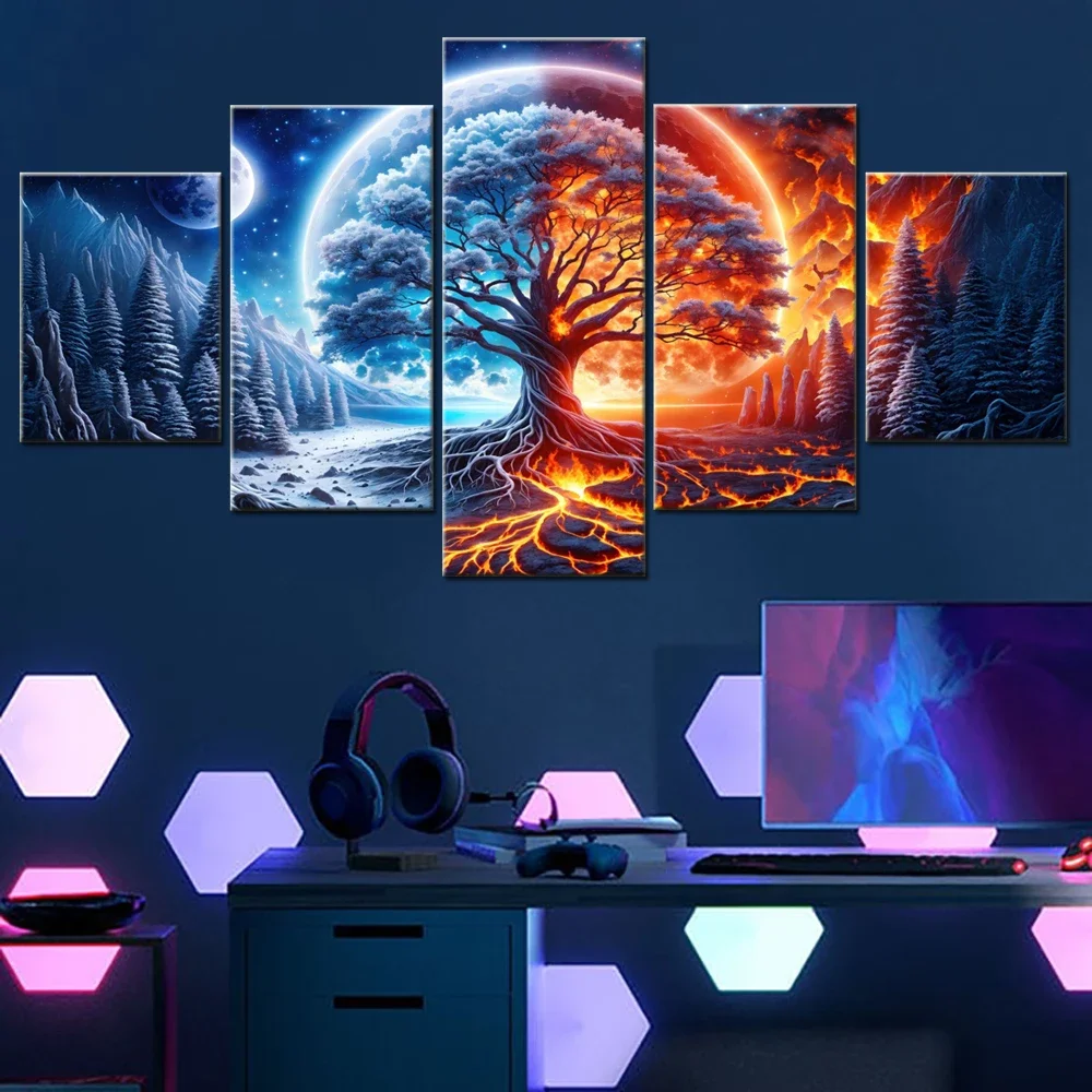 

DIY Diamond Painting 5 Panel Fantasy Ice Snow Fire Tree Scenery Mosaic Cross Stitch Full Square /Round 5D Diamond Embroidery