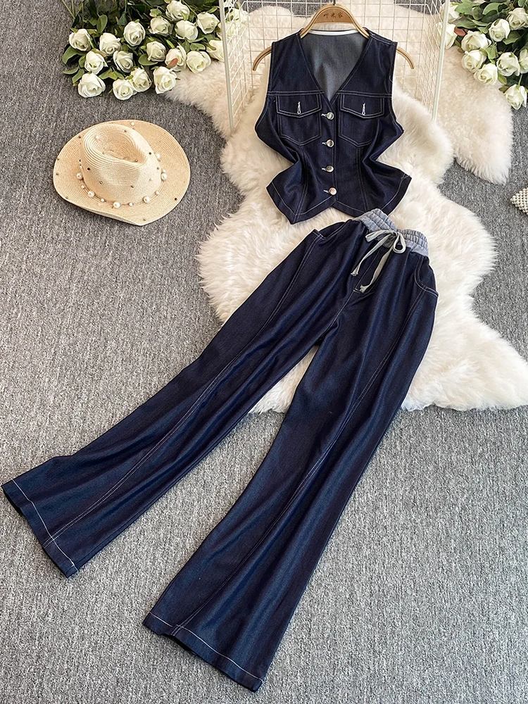 

Облегающий джинсовый жилет и брюки, комплект женской моды, весна-лето, новый комплект из двух предметов, длинные леггинсы V Ne, топ на пуговицах