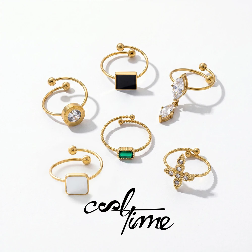 CoolTime Zircon Geometric Roman Numeral Crystal Women Rings Green Emerald Gothic Cross Bypass Rings Multi Style Wholesale