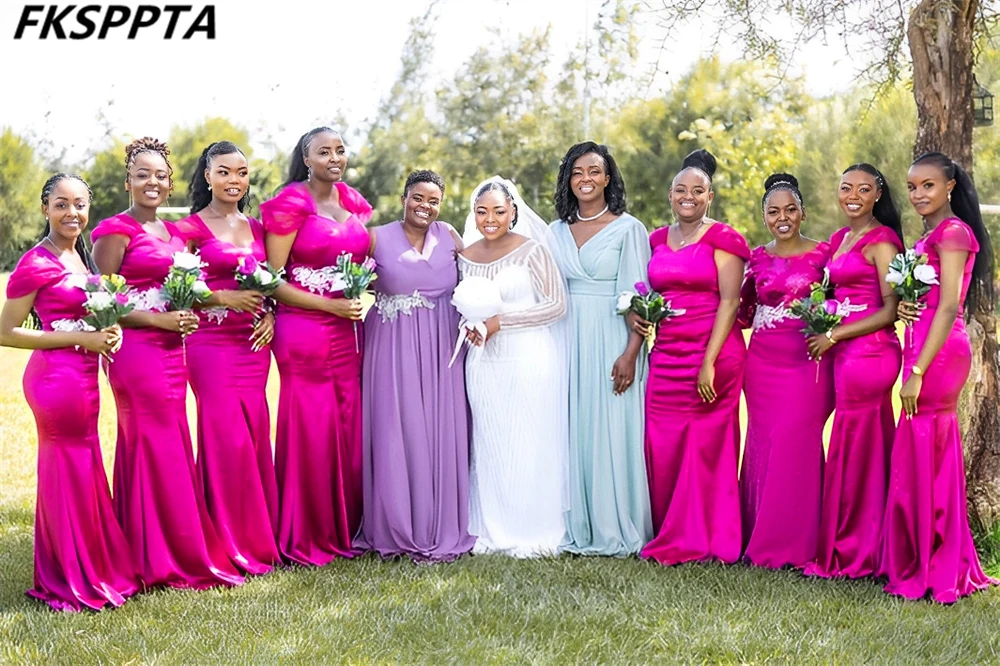 Shiny Fuchsia Mermaid 2025 Long Bridesmaid Dresses For Black Women White Appliques Satin Customized Wedding Party Gowns Cheap