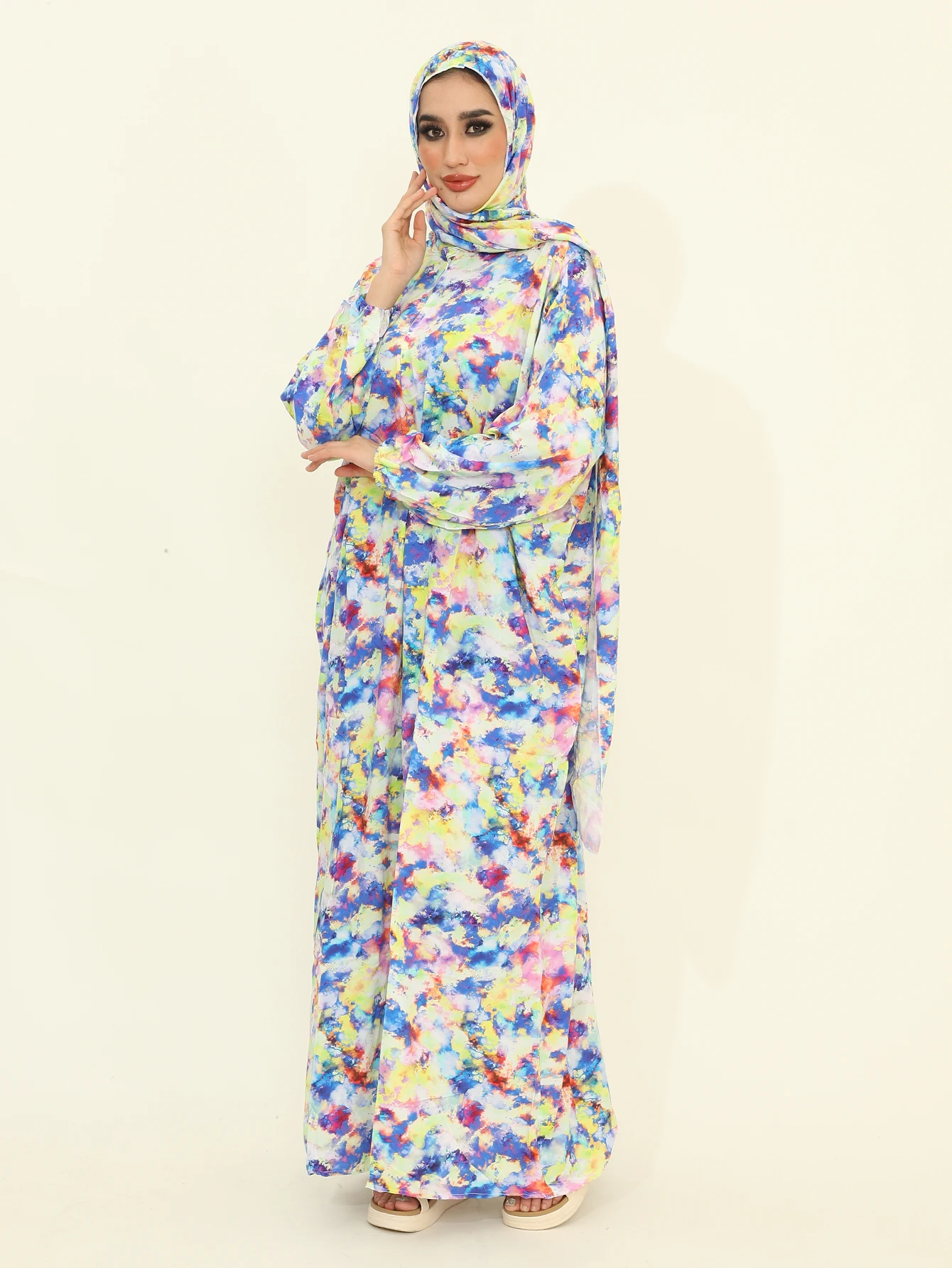 Autumn New Muslim Fashion Abaya Dresses with Hijab One Piece Prayer Dresses Flower Printed Pretty Dubai Abayas