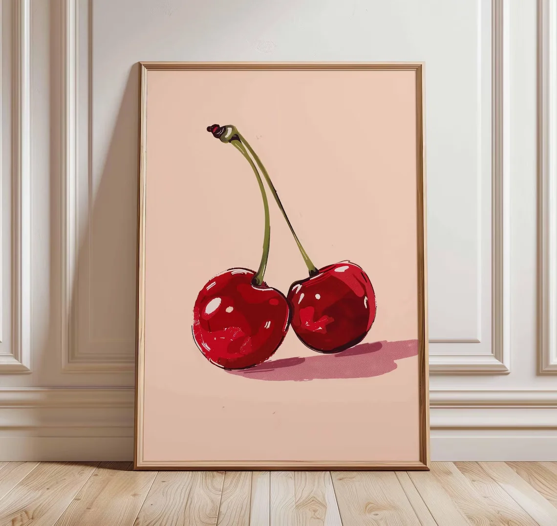 1PC frameless decorative art print,Minimalist Blush & Cherry WALL ART PRINT DECOR – Bold Watercolor Fruit Painting, a Stylish Ac