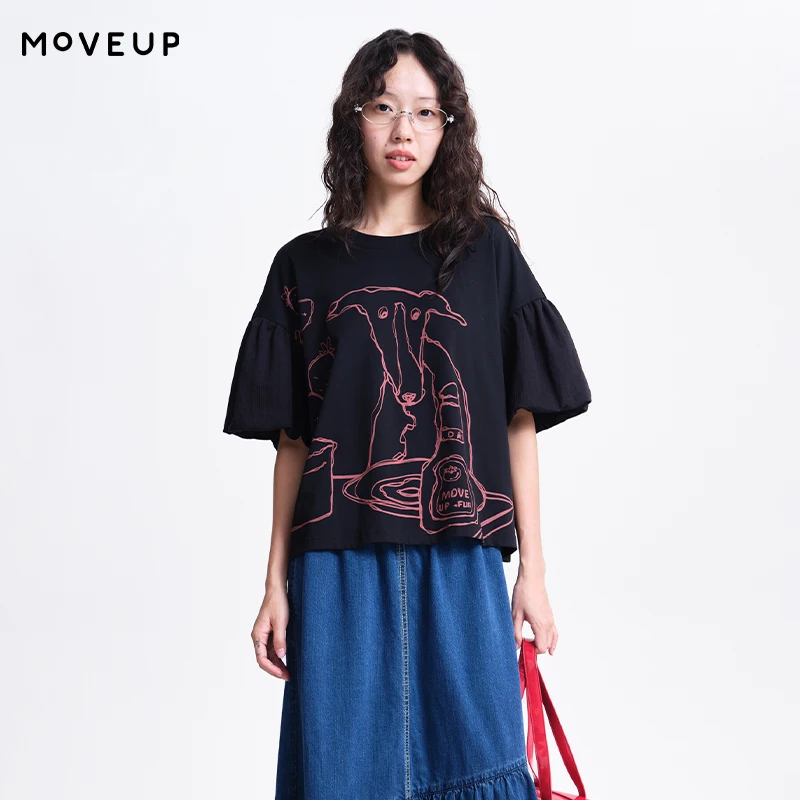 

MOVEUP 2026 Spring New Arrival Short-Sleeve T-Shirt Round Neck Cartoon Print Design Puff Sleeve Top Casual T-Shirt 3ELC11401