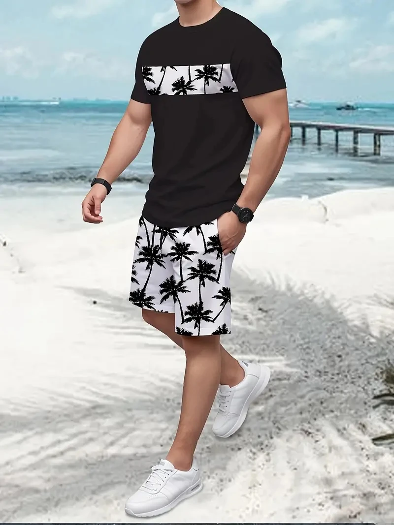 New Men's Suit Coconut Tree Print Fashion Men's Suit Summer O-Collar Short-Sleeved Polo Shirt + Shorts Two-Piece Men's Suit