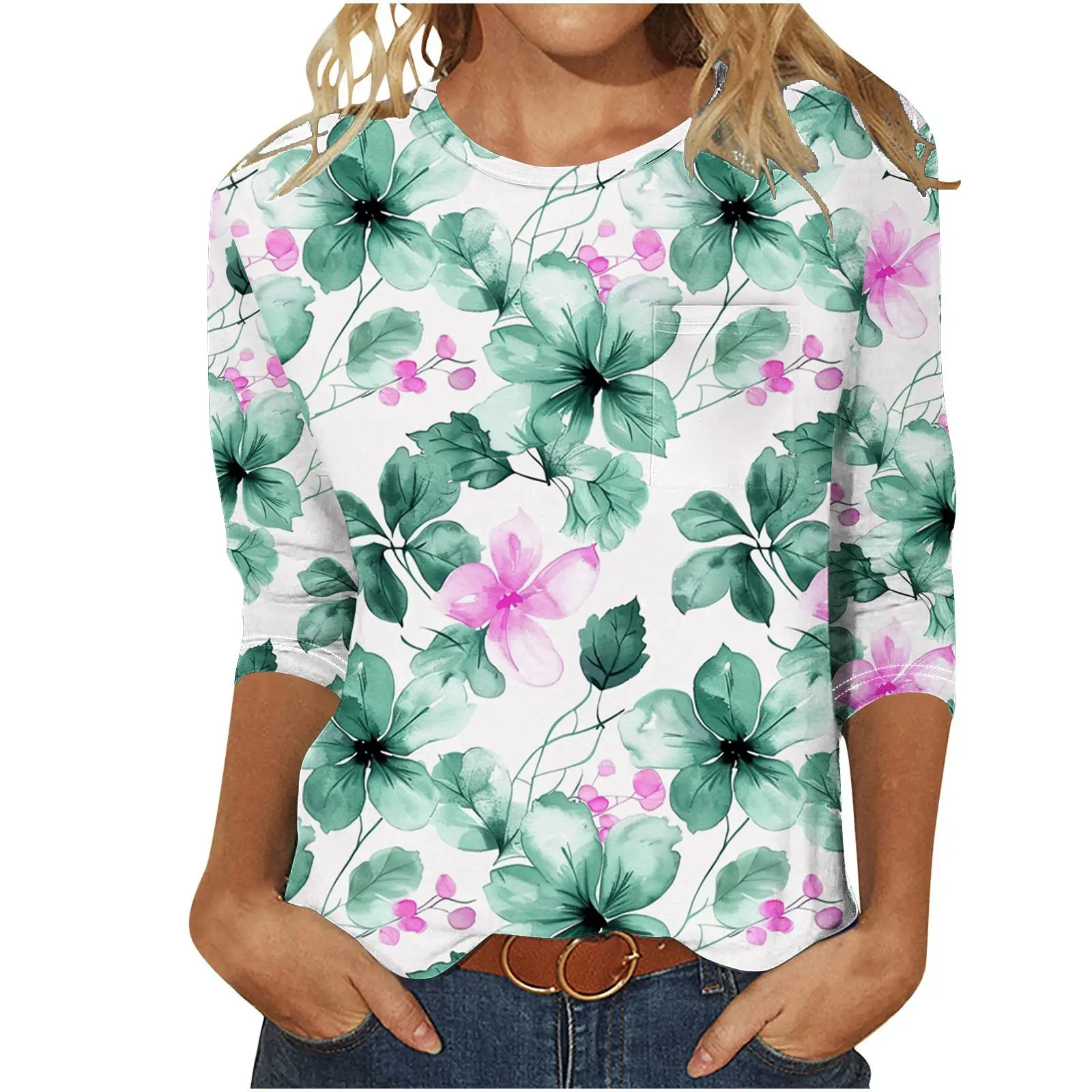 Flower print loose seven quarter sleeve top for casual spring and summer 2024 round neck pullover covering the flesh WA21