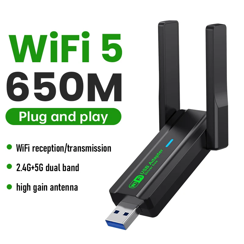 

Беспроводная сетевая карта Wi-Fi 5, ключ 2 в 1, 802.11ac, 2,4G и 5 ГГц, USB-адаптер Wi-Fi для настольного ноутбука Win 10/11 с антеннами