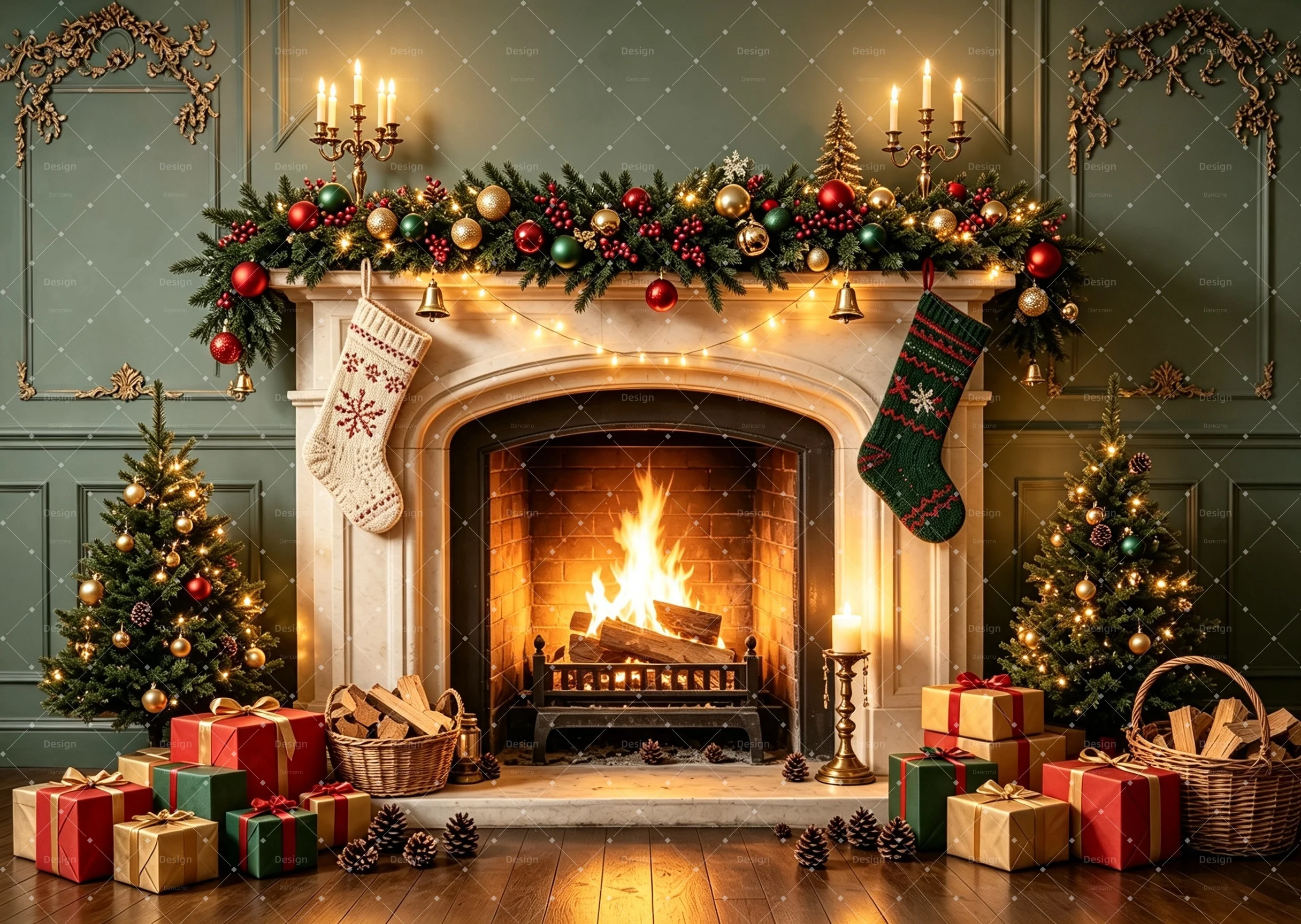 Dark Green Wall Christmas Room Photography Backdrop Arch Moon Snow Window Fireplace Stocking Xmas Tree Gift Box Scene Decor Prop