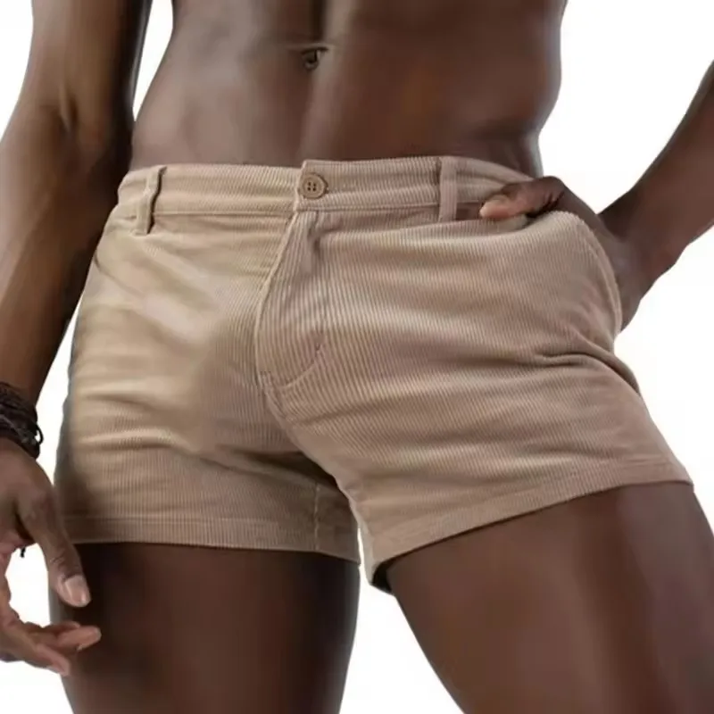 Men's Vintage Shorts Summer Trendy Retro Corduroy Short Pants Men's Button Solid Color Shorts Sports Breathable Running Shorts