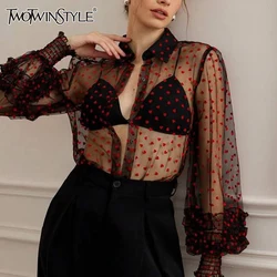TWOTWINSTYLE Solid Loose Spliced Sheer Blouse for Women Lapel Long Sleeves Patchwork Single Breasted Top Female Clothing Style