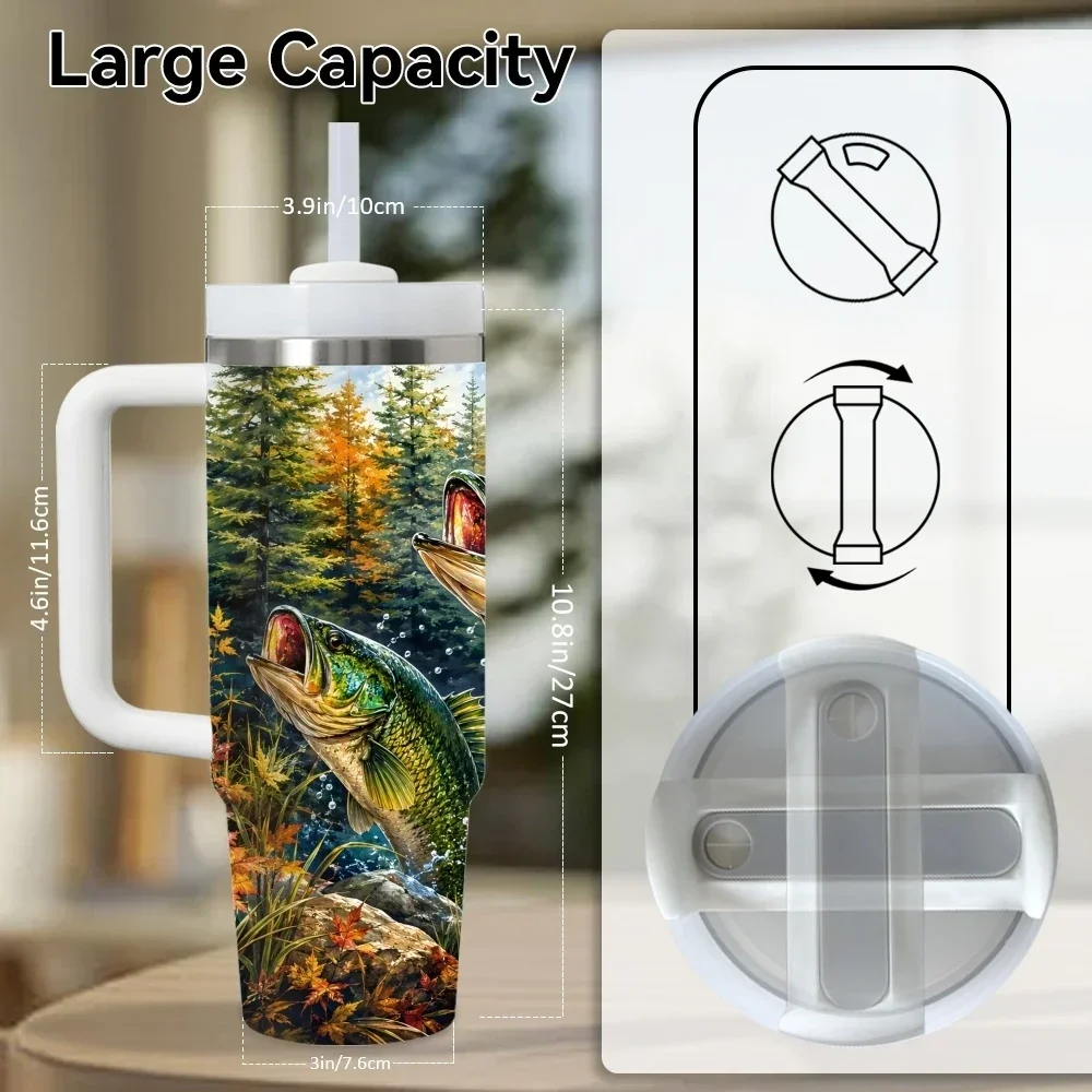 Forest Deer Pattern Vacuum Flasks 40oz Thermal Stainless Steel Tumbler with Handle Straw Leakproof Mugorders for other colors will be shipped randomly in black or white
