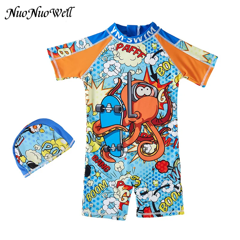 Children's Swimsuit Summer Baby Boy One-piece Swimwear +Cap Suit UV Protect Sunscreen Quick Drying  Children's Swimsuit