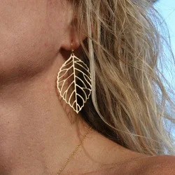 Alloy Hollow Leaf Big Drop Earrings for Women Ultrathin Can Bend Gold Silver Color Brincos Jewelry Trend Simple Accessories Gift