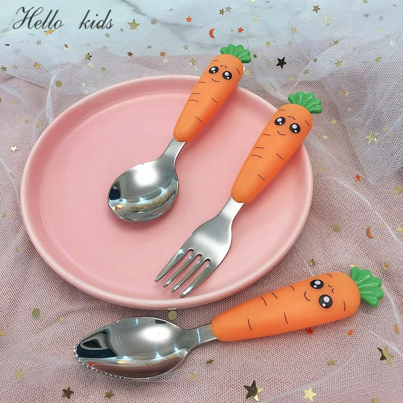 Baby Gadgets Tableware Children Utensil Stainless Steel Toddler Dinnerware Cutlery Cartoon Carrot Baby Gadgets Feedkid