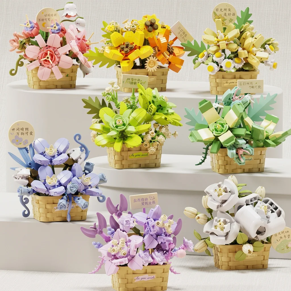 Potted Flower Basket Building Blocks Creative Bonsai Plant Bouquet Model Assemble Bricks Home Decor Educational Toy Holiday Gift