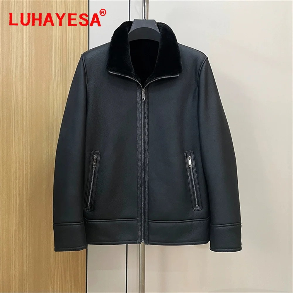 

2024 Good Quality Merino Sheepskin Shearling Fur Coat Luhayesa Men Black Real Fur Jackets