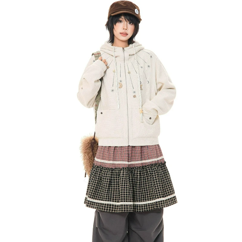 Girl Star Embroidered Button Women's Hooded Coat 2026 Autumn New Korean Design Sweet Cool Loose Versatile Cardigan Jacket Ladies