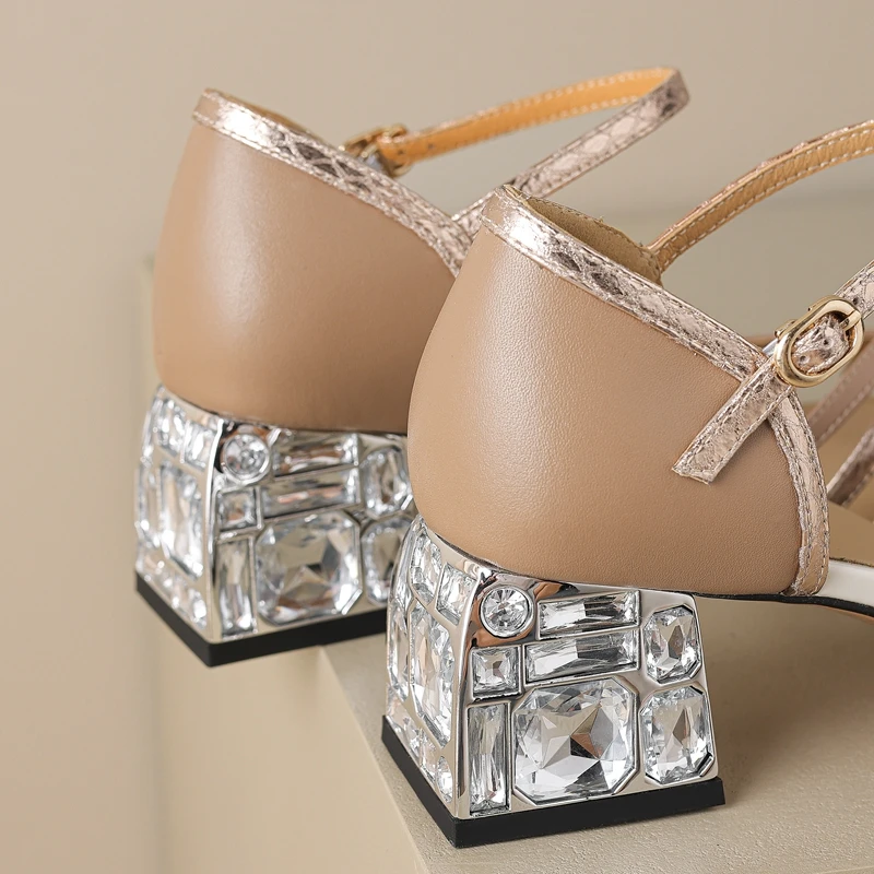 Women\'s New Spring/Summer Bag Heel Round Toe Genuine Cowhide Color Block Diamond High Heel Roman Sandals