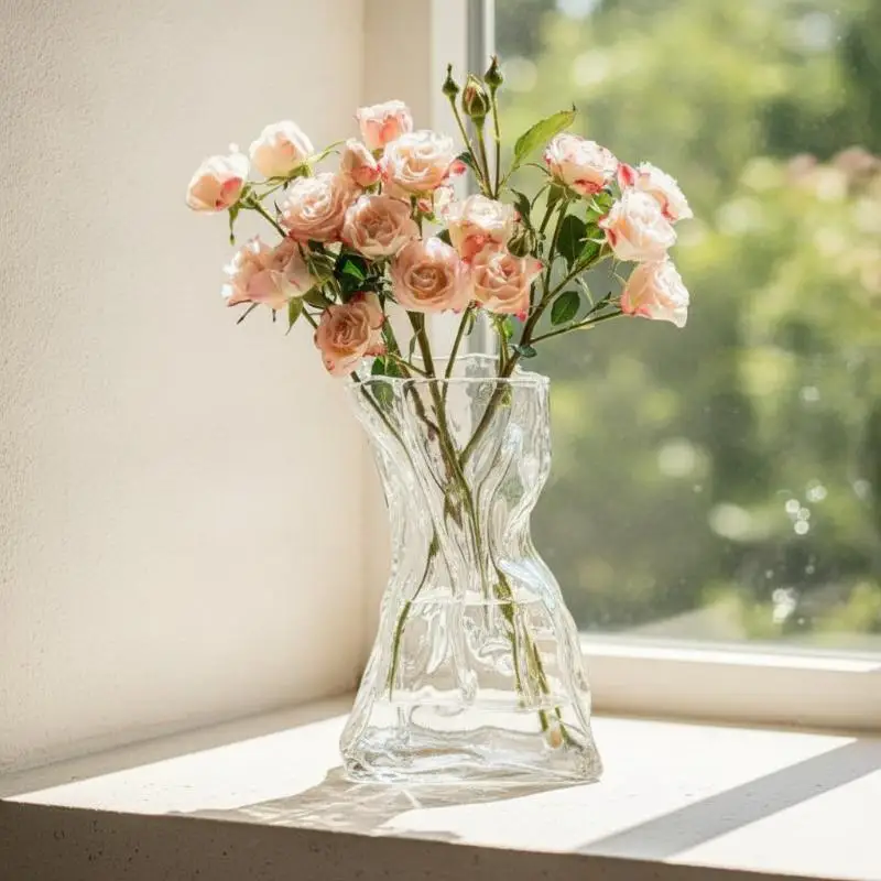 Clear Glass Flower Vase Creative Irregular Crinkled Glossy for Living Room Shelf Wedding Table Centerpiece Decor