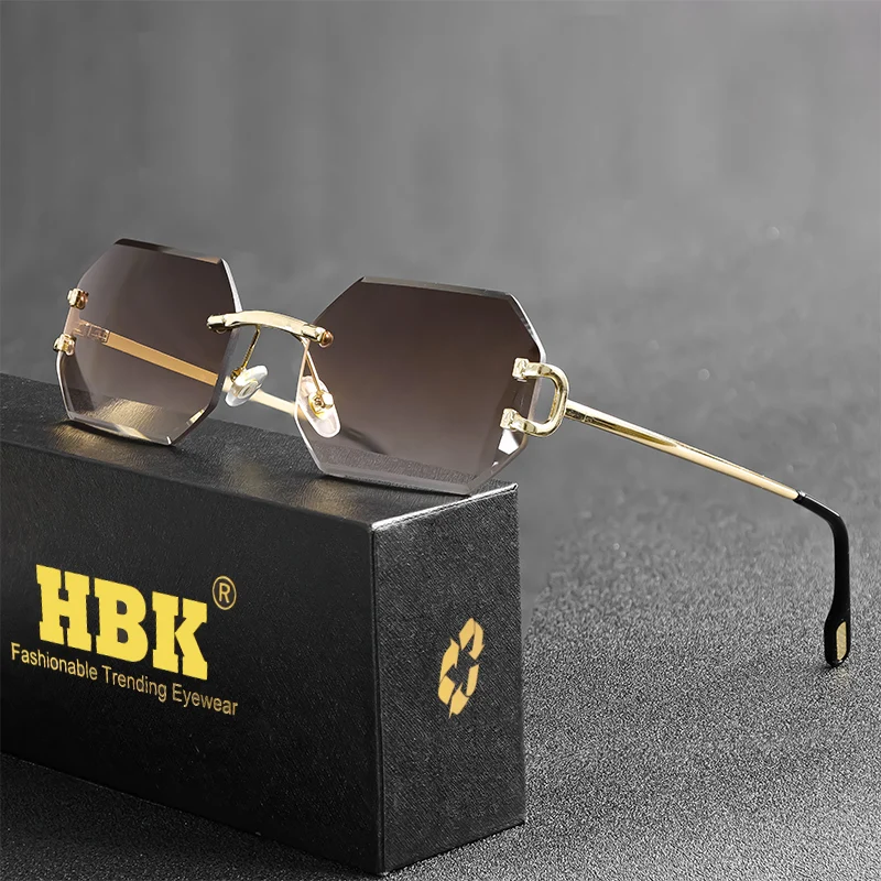 HBK Rimless Polygon Men's Sunglasses Octagonal Vintage Shades Gradient Traveling UV400 Women Sun Glasses Party Business