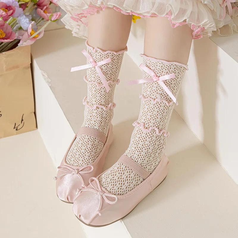 

Summer Thin Lace Mesh JK Lolita Frilly Stockings Cute Mother Kids Ruffle White Black Knee High Long Socks for Girls Children