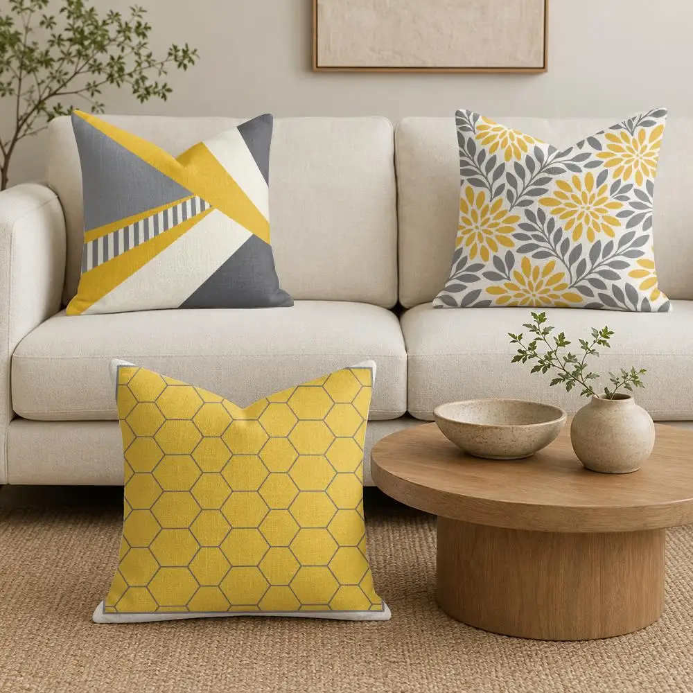 Yellow Gray Geometry Cushion Cover Organic Linen Throw Pillow Cover - Double-Sided Print Breathable Cushion Case Home Decor
