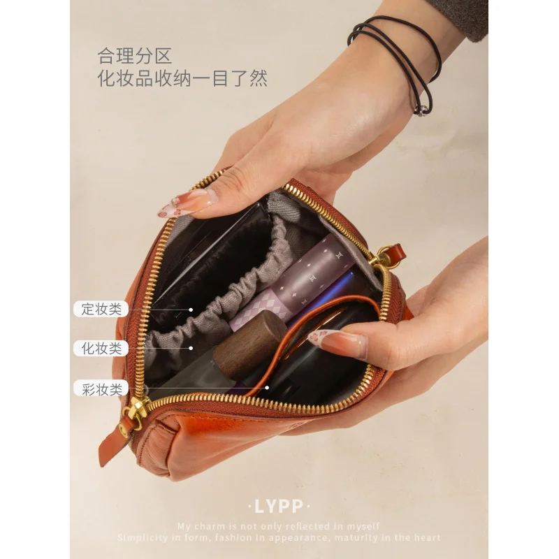 Leather Cosmetic Bag Women2025New Portable Large Capacity Cowhide Wenwan, Traditional Chinese Handcraft Ornament Storage Bag