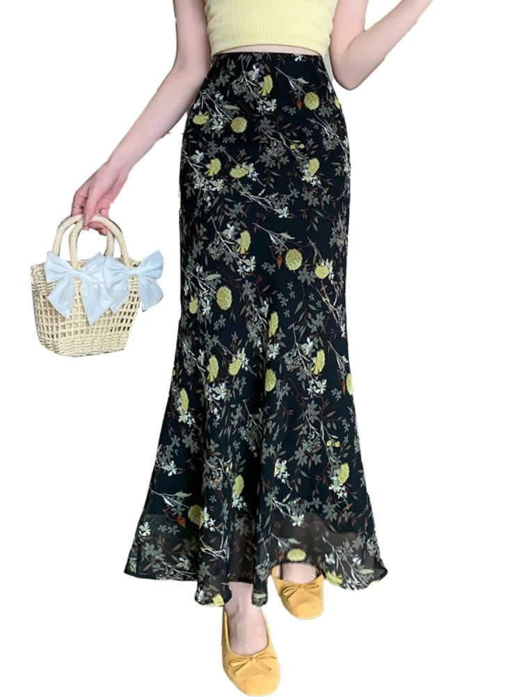 Retro Floral Fi Tail Skirt Women's Summer Thin Gentle Hip Covering Slim A-Line High Waist Slim Fit Long Skirt