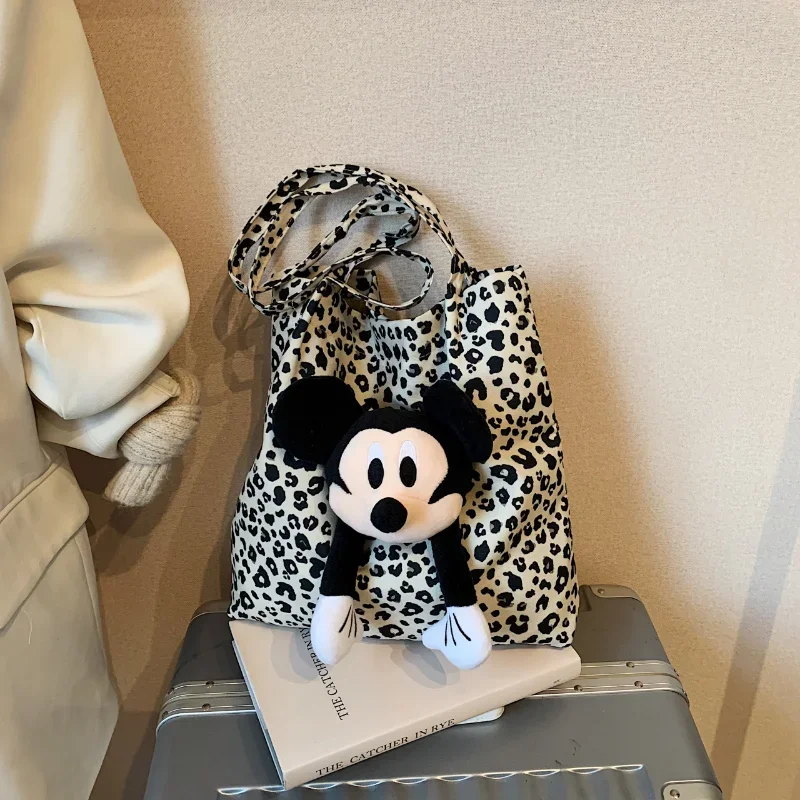 Nova bolsa de boneca tridimensional de desenho animado do Mickey Mouse da Disney elegante e simples com estampa de leopardo bolsa de ombro casual