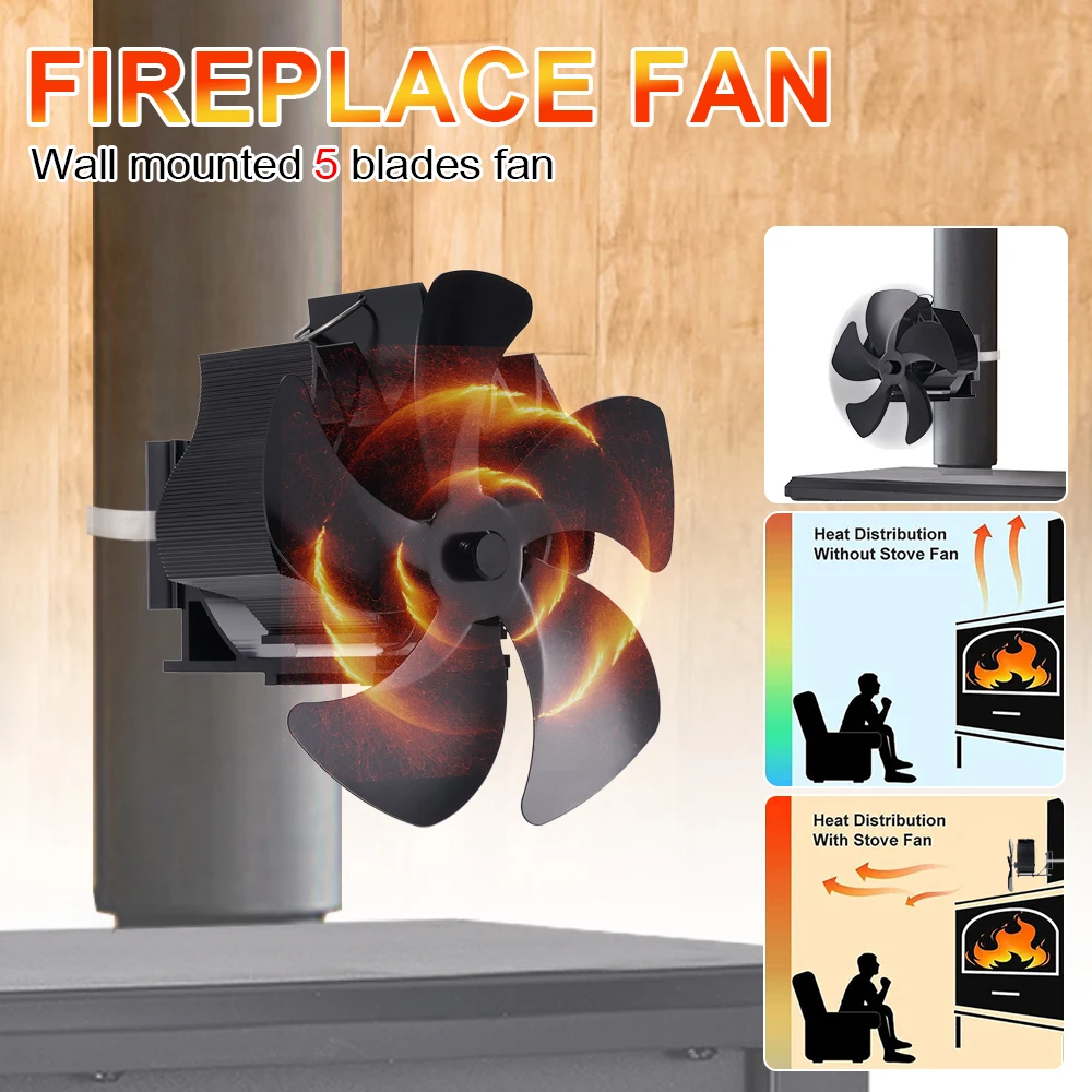 Wall Mounted 5 Blades Heat Powered Stove Fan With Clamp Fireplace Fan Log Wood Burner Eco Quiet Fan Efficient Heat Distribution