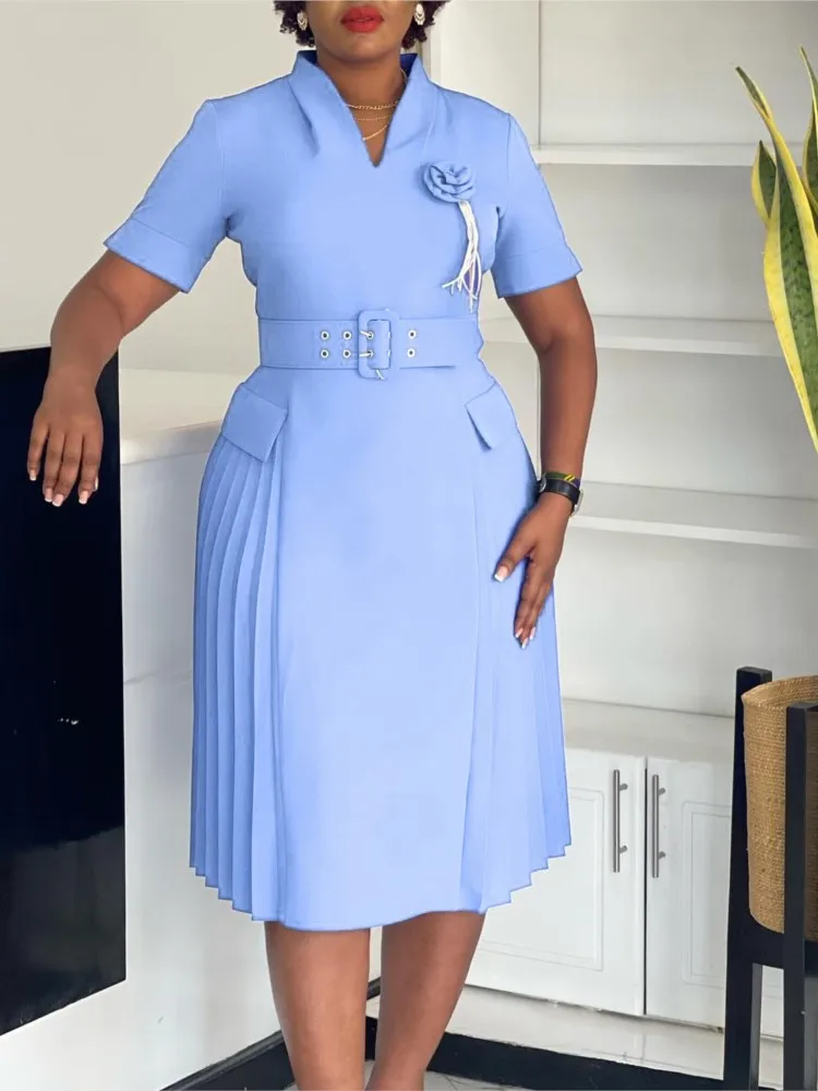 

Women's Fashion Temperament V-neck Solid Color Pleated High-waisted Dress Women's Summer Elegant Belt Corsoral Casual Dresses