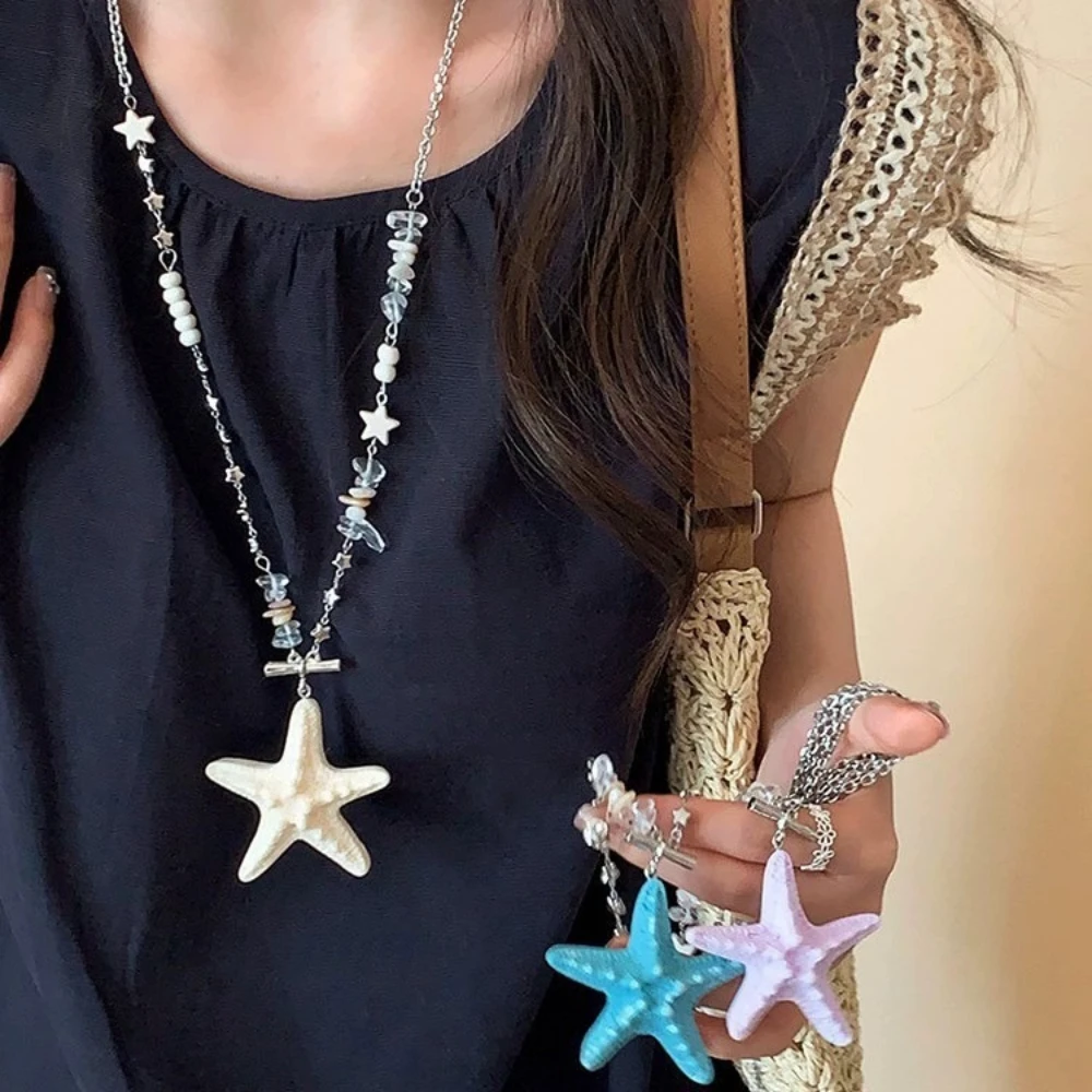 Boho Dopamine Colorful Starfish Pendant Long Necklace Vacation Style Bead for Women Perfect Clavicle Chain Accessories Gifts