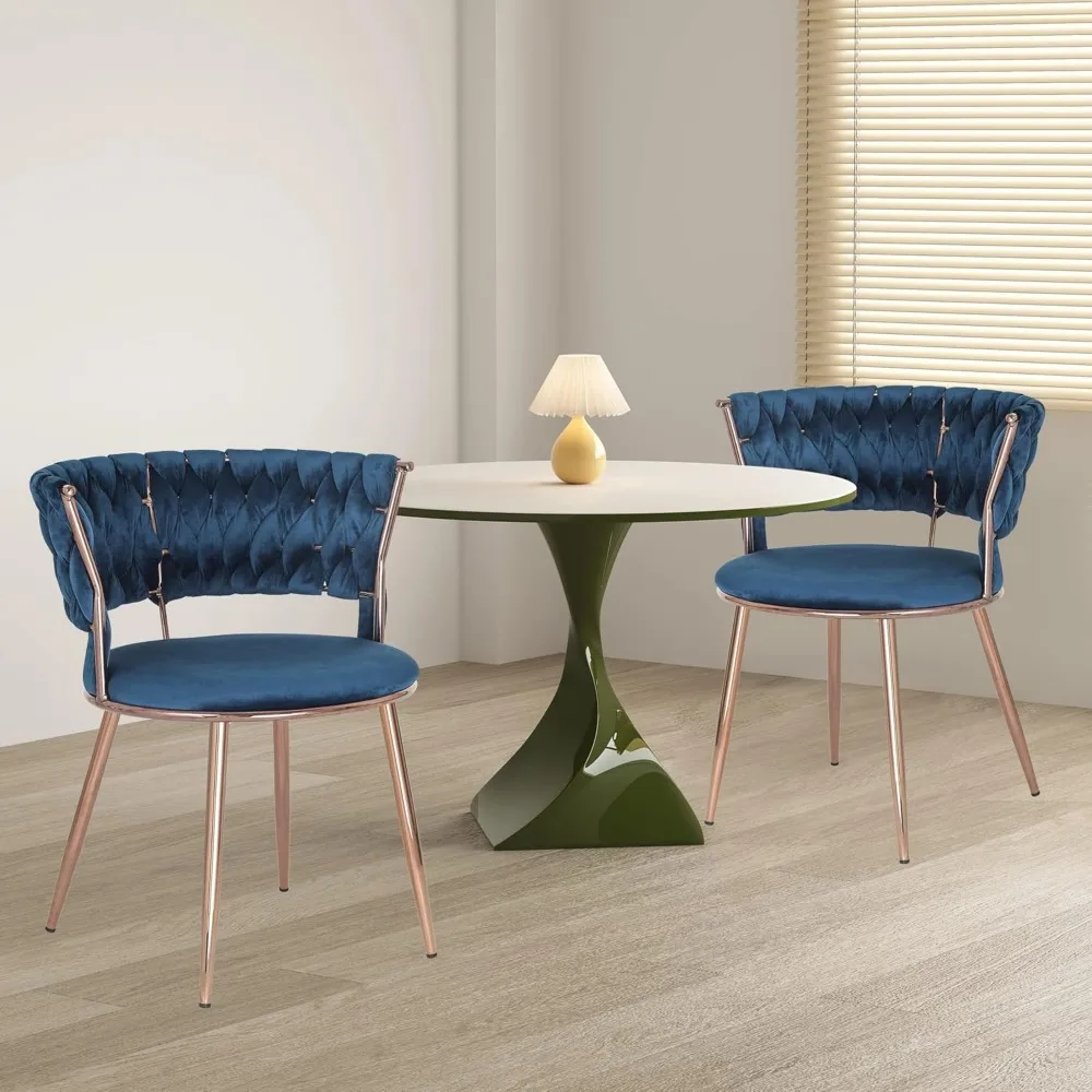 Fluweel gestoffeerde eetkamerstoelen Moderne accentstoelen Handgeweven bijzetstoelen met roségouden metalen poten Set van 2 voor eetkamer