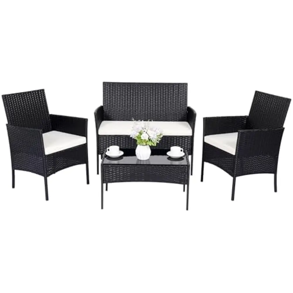 

4 Pieces Conversation Garden Furniture Set ,Outdoor PE Rattan Chair with Cushion Tempered Glass Table Garden Balcony Sets