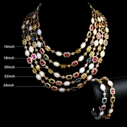 Rainbow Geometric Bling CZ Stone Chain Necklace Multicolor Round Oval Gemstone White Gold Plated Choker for Women Men
