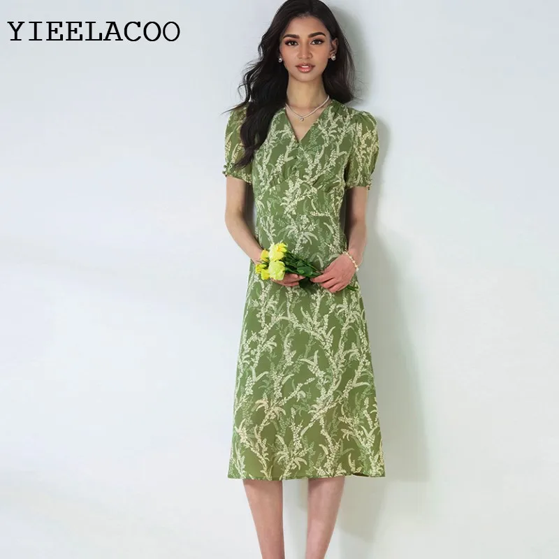 

Зеленое платье с цветочным принтом, шифоновое платье с принтом 2026, весенне-осеннее женское платье, цельное женское классическое платье для отдыха и отпуска