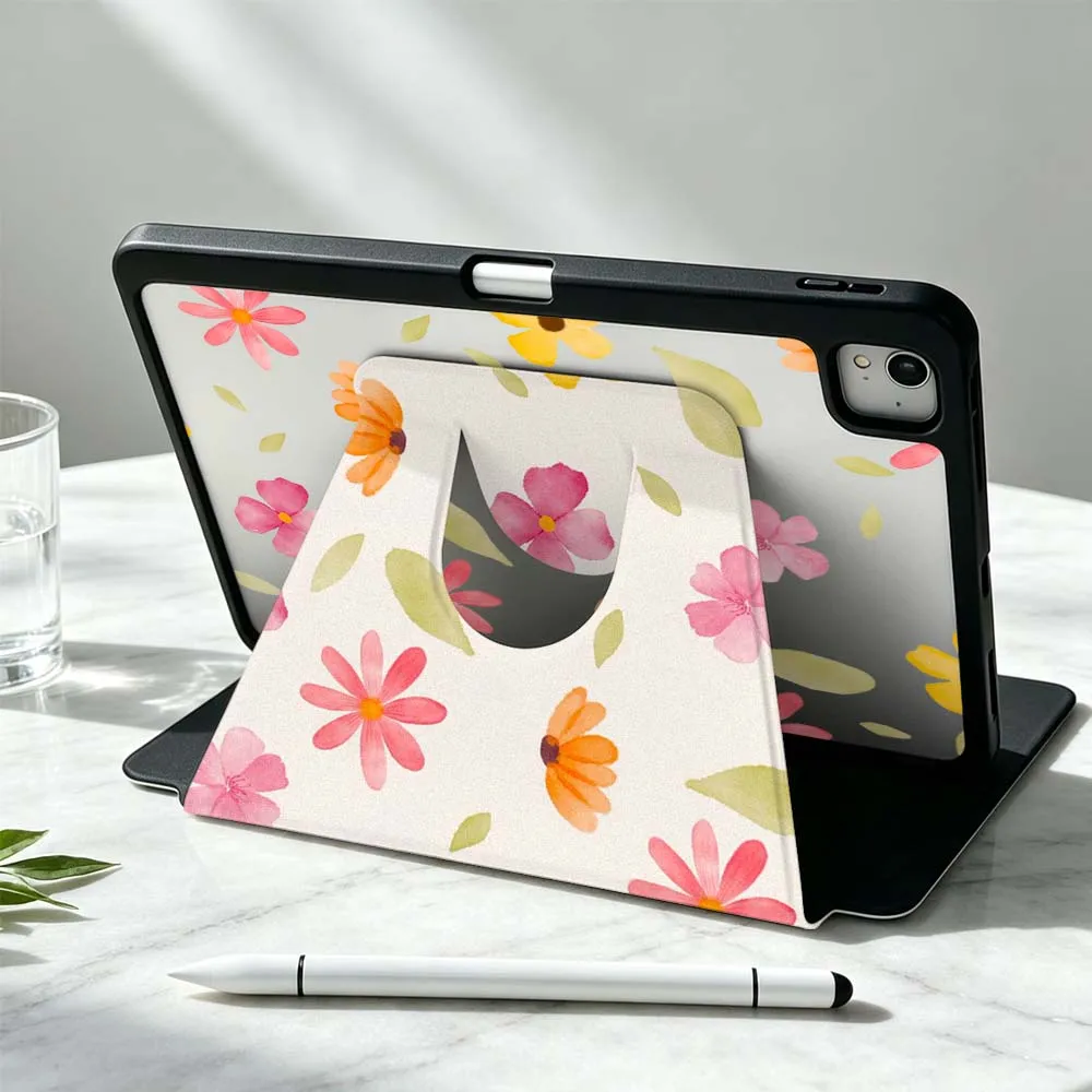 Cartoon Flowers Leaves For iPad Pro Air mini 6 5 4 12th M5 M4 M3 M2 A16 A17Pro 360° Rotation Stylus Storage Tablet Case