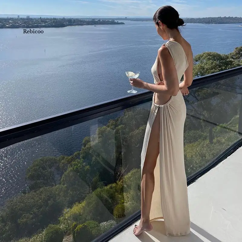 2022 Summer Sexy Oblique Shoulder Sleeveless Cut Out Slit Maxi Dress Elegant Women Party Club Dresses Female New