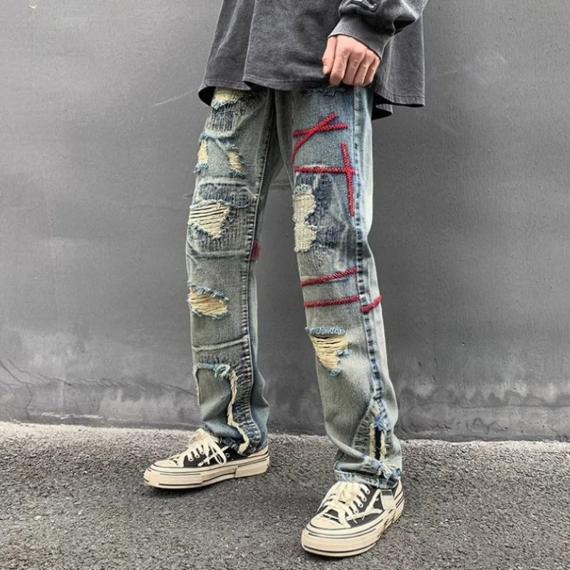 Torn Male Cowboy Pants Broken Ripped Trousers Korean Fashion Casual Luxury Grunge Y2k 2025 Xs Embroidery Men's Jeans with Holes