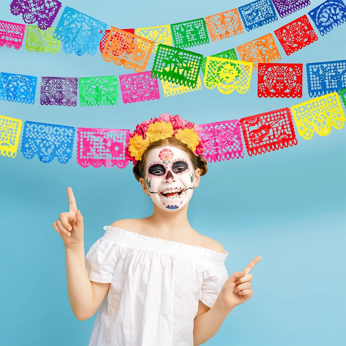 Cartel del día de los muertos mexicano, decoración de favores de fiesta temática, patrón cuadrado, Bandera de papel decorada, suministros del Día de los muertos