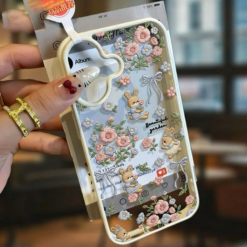 

Cute Rabbit Floral Transparent Phone Case Embroidery Style Shockproof Protective Cover for iPhone 17 16 15 14 13 Pro Max luxury