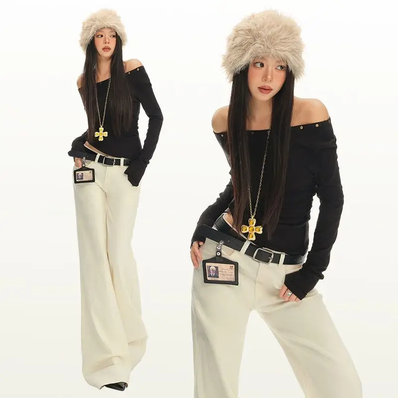 Casual Stijl Uitlopende Jeans Vintage Punk Esthetische Emo Losse Broek 2025, Herfst Vrouwen Solid Y2K Wijde Pijpen Denim Broek
