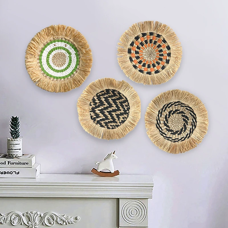 Moroccan Wall Hanging Plate Boho Rattan Grass Hand Woven Wall Decoration Bedroom For Apartment Living Room Background Home Decor