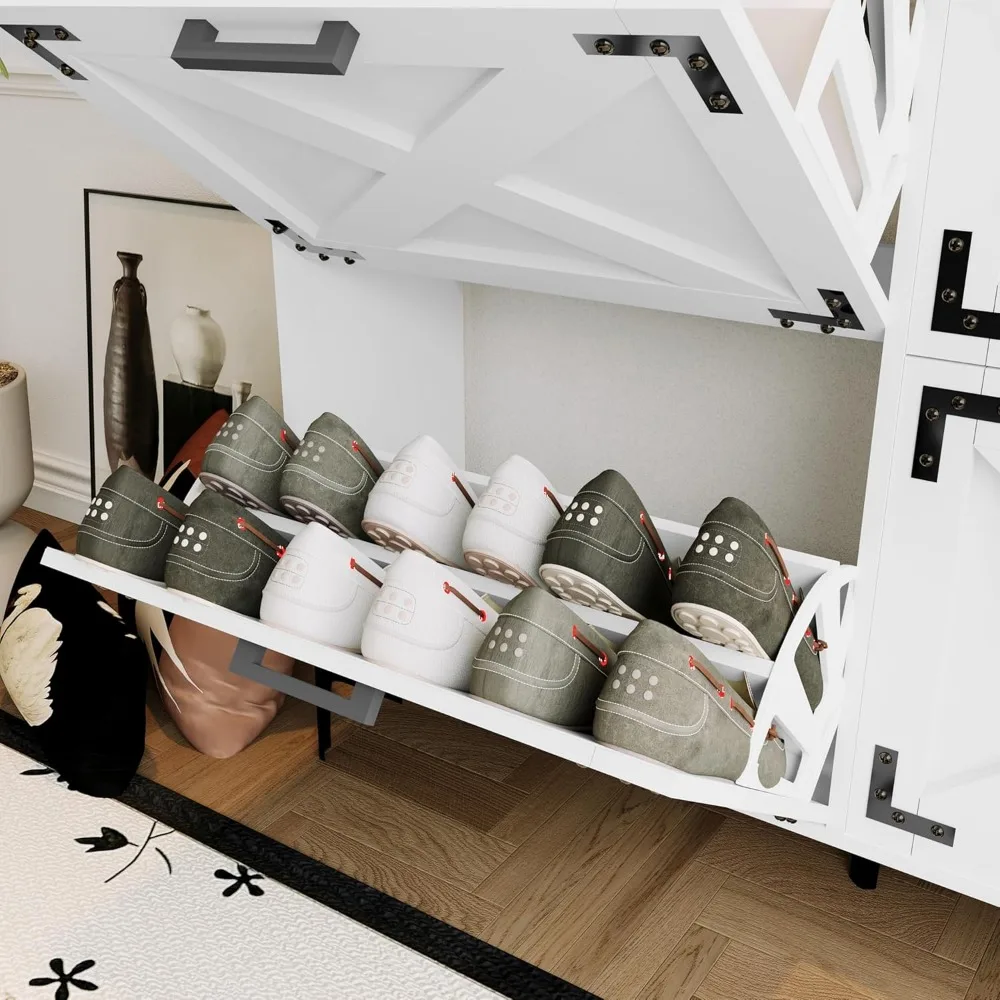 خزانة تخزين الأحذية مقاس 70 بوصة مع 6 أدراج قابلة للطي، منظم أحذية المزرعة 2 في 1 مع تصميم باب الحظيرة وأرجل معدنية، قائم بذاته #6